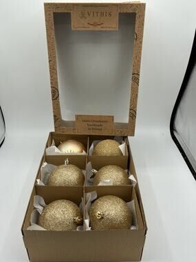 Vitbis Poland Glass Christmas Ornaments Set/6 Gold Glitter Handmade